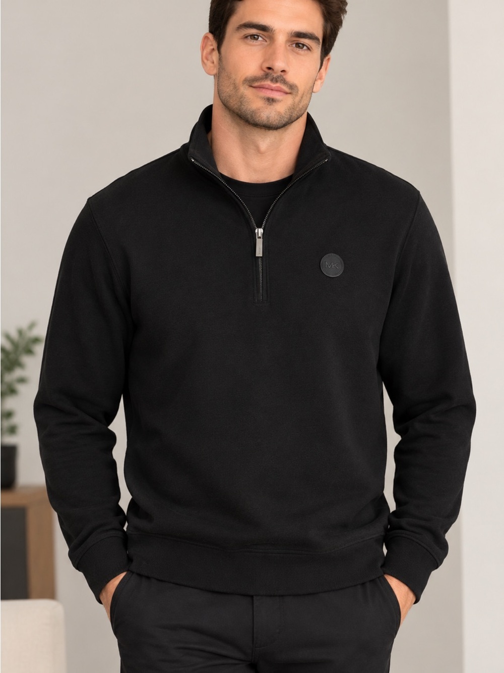Michael Kors Men's Black Half-Zip Logo Pullover, size M.